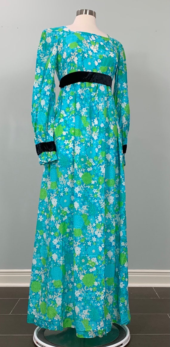 Blue and Green Floral Formal Maxi with Black Velv… - image 9