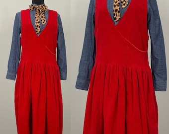 Red Corduroy Sleeveless Jumper - Size 2/4 - 80s Red Corduroy Sleeveless Dress - Vintage Red Corduroy Jumper Dress