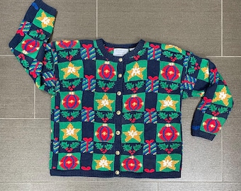 Signatures by Northern Isles Hand Knit Christmas Patchwork Cardigan - XL