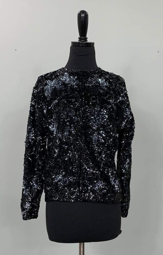 1950s Black and Gray Sequin Cardigan - Up to Size… - image 2