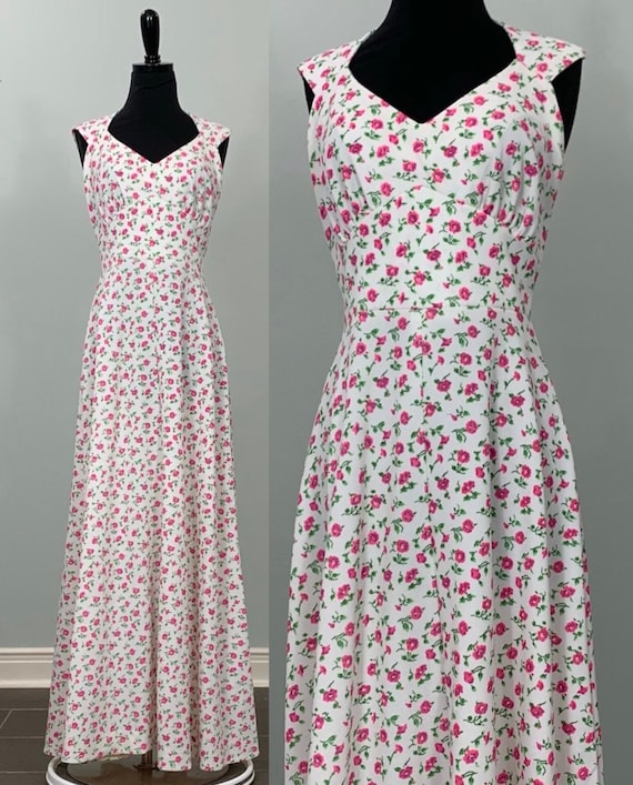 White and Pink Sleeveless Floral Maxi Dress - Size