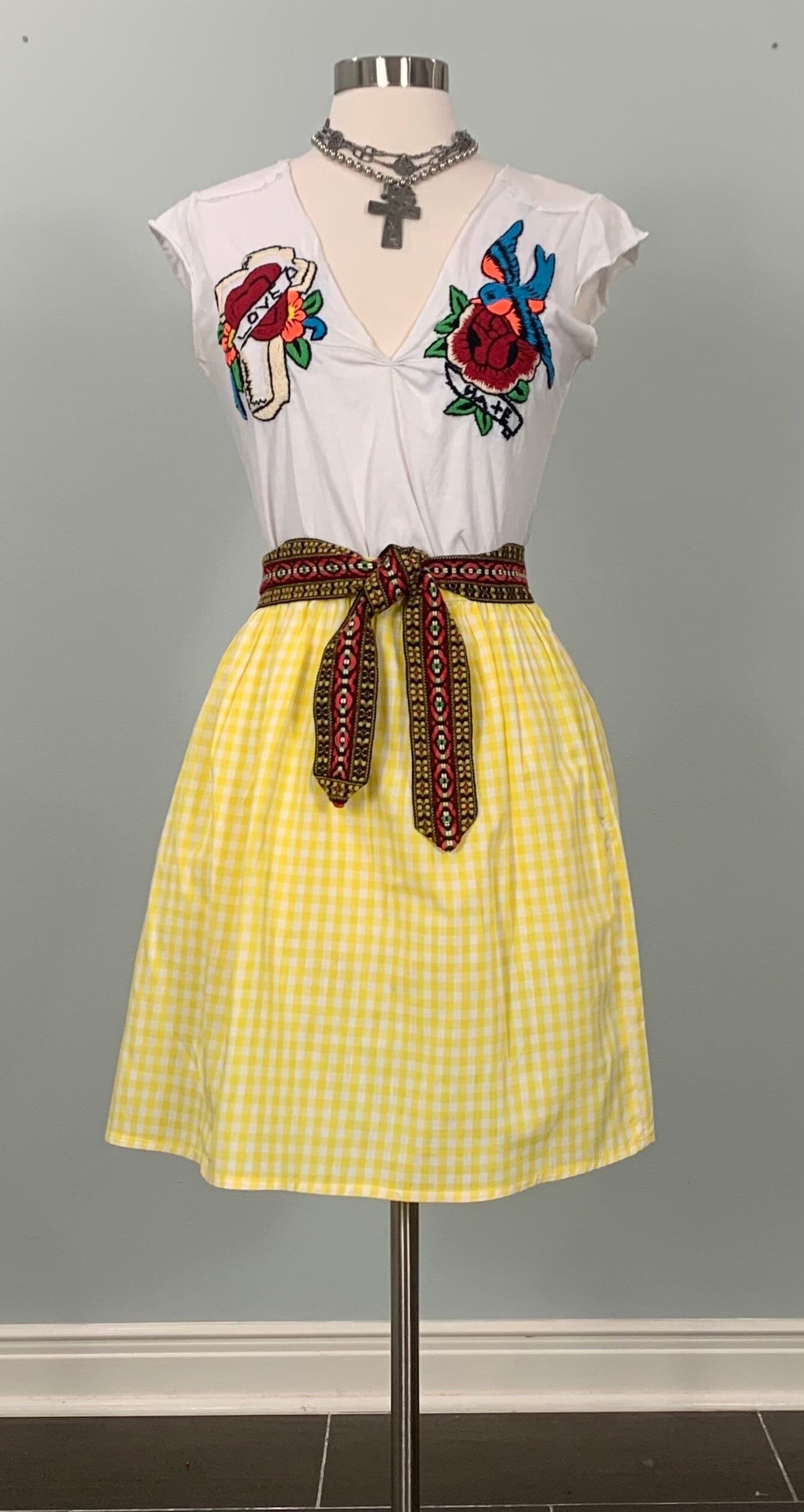 Yellow Gingham Casual Mini Skirt Size 8 10 70s Yellow and White Check Summer Mini Skirt