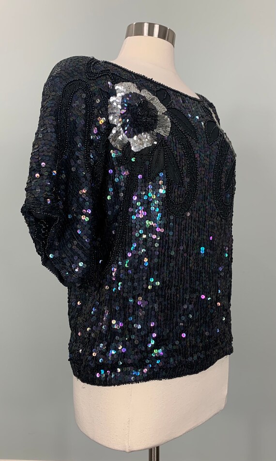 Black and Silver Sequin Blouse - Size 12/14 - Dis… - image 5