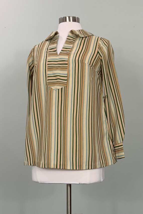 1970s Beige and Dark Green Vertical Striped Blous… - image 3