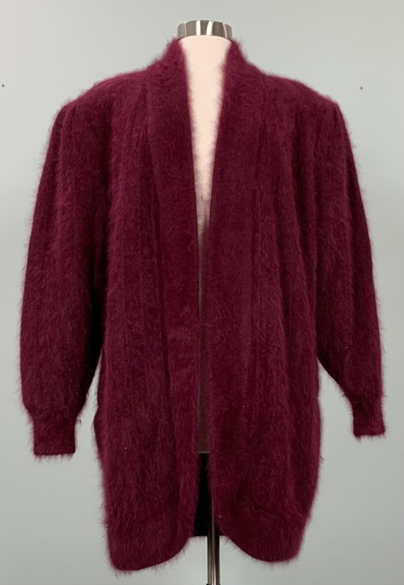 Oversized Angora Cardigan Sweater in Burgundy Red,