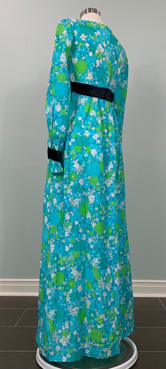 Blue and Green Floral Formal Maxi with Black Velv… - image 5