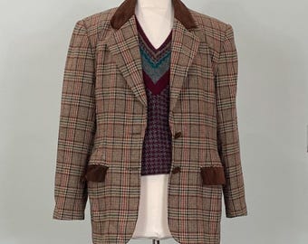 1990s Brown Plaid Blazer with Velvet Trim - Size 12/14
