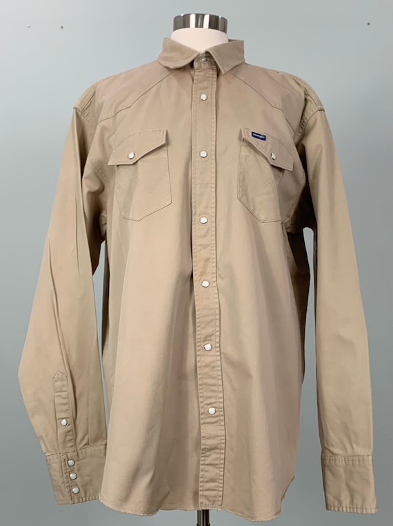 Tan Long Sleeve Pearl Snap Western Shirt by Wrangl