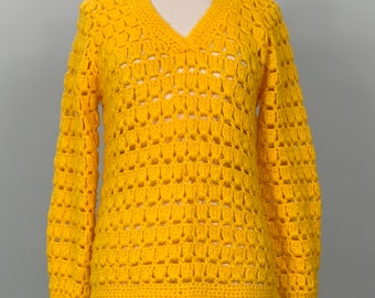 1970s Alex Colman Sportswear Golden Yellow Crocheted Sweater - Size 6/8 - 80s Alex Coleman Yellow Crochet Sweater