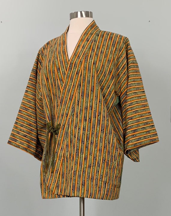 Olive Green and Orange Striped Kimono Jacket - OS… - image 3