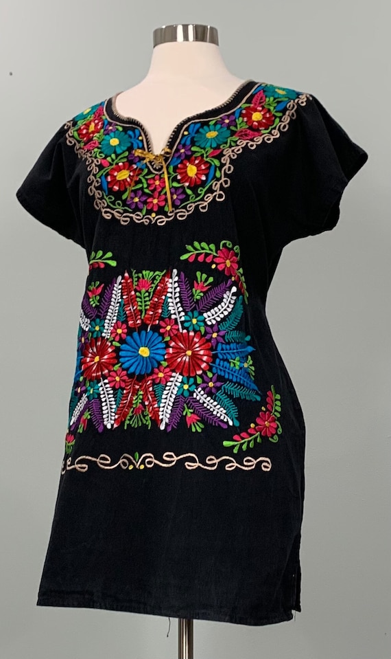 Black Multicolor Embroidered Mexican Blouse - Size