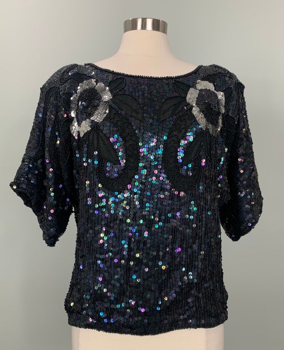 Black and Silver Sequin Blouse - Size 12/14 - Dis… - image 1