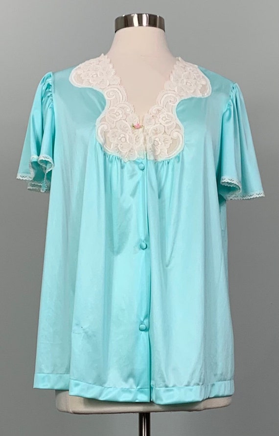 Aqua Blue and Beige Flutter Sleeve Pajama Top by V