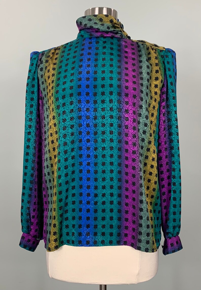 Size 1214-42 Bust Vintage Robbie Sport Mod Multi-Color Shirt Casual Paisley Purple 1980s Rainbow Blouse Blue Stripe