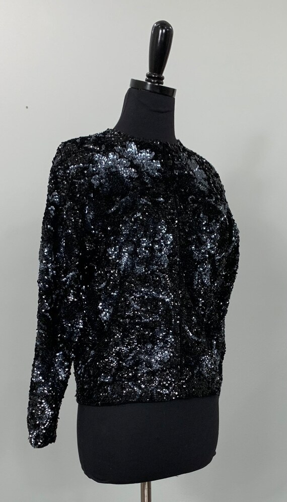 1950s Black and Gray Sequin Cardigan - Up to Size… - image 3