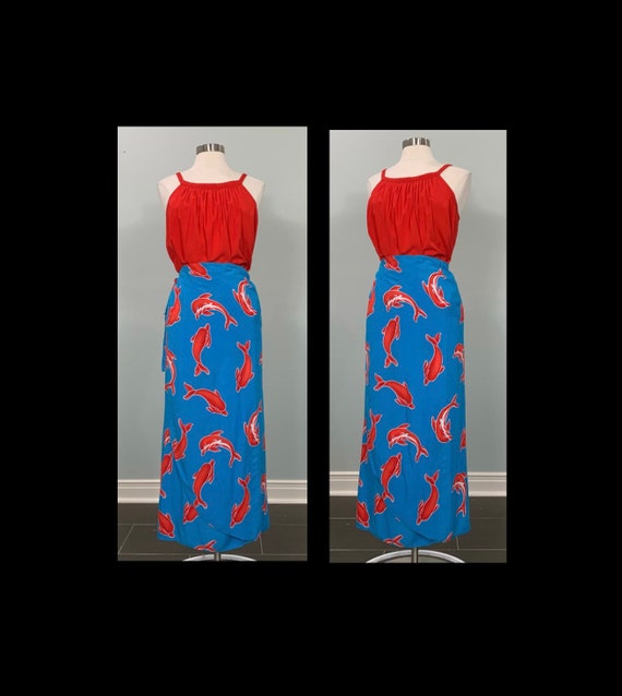 1990s Blue Red and White Dolphin Sarong Swimsuit S