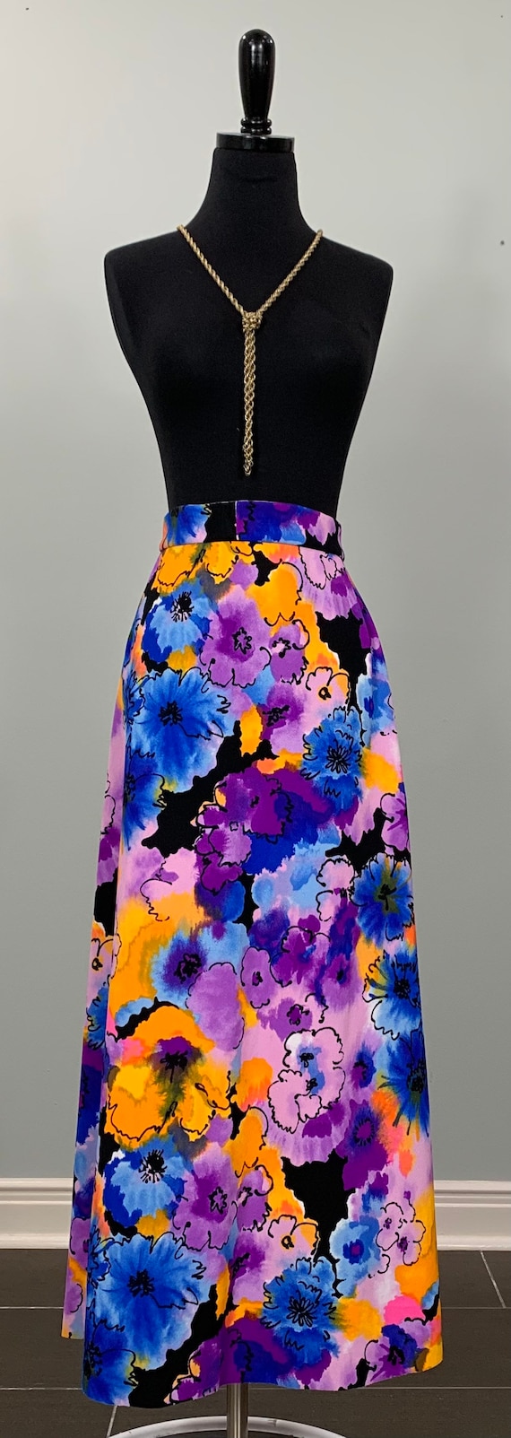 Blue Multicolor Floral Watercolor Maxi Skirt - Siz