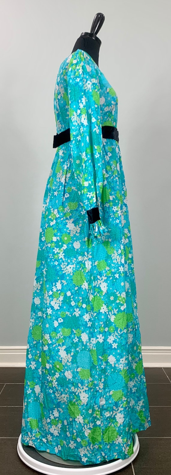 1970s Blue Floral Maxi Dress with Black Velvet Trim -… - Gem