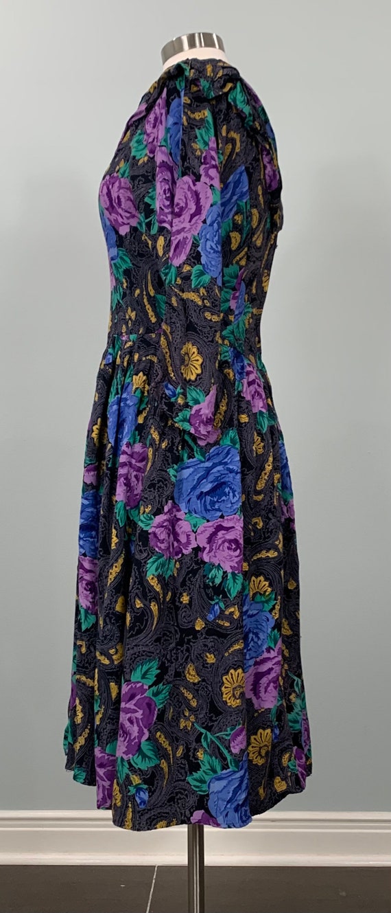 1980s Black and Blue Floral Fit and Flare Dress b… - image 4