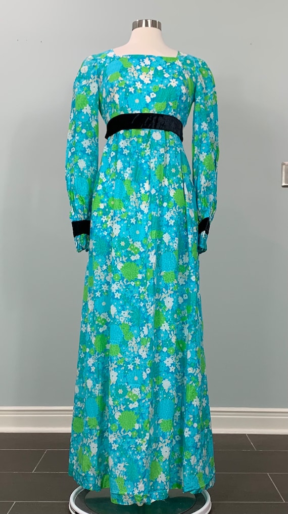 Blue and Green Floral Formal Maxi with Black Velv… - image 2