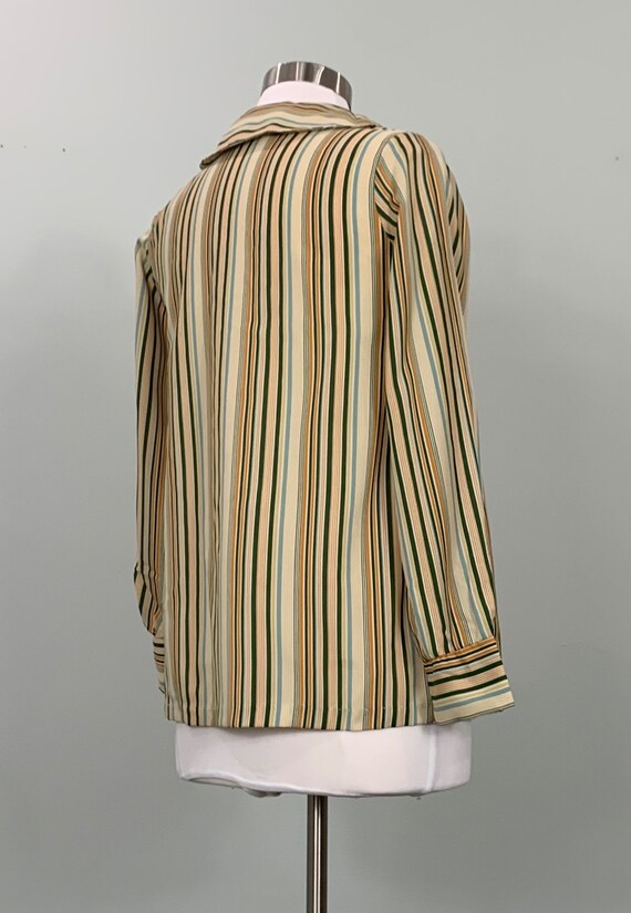 1970s Beige and Dark Green Vertical Striped Blous… - image 6