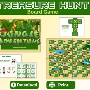 Puede incluir: Un juego de mesa imprimible "Aventura en la Jungla" con temática de jungla. El juego incluye un tablero, marcadores e instrucciones. El tablero presenta una cuadrícula con números e ilustraciones de animales y plantas. También se ven los textos "Descargar" e "Imprimir".