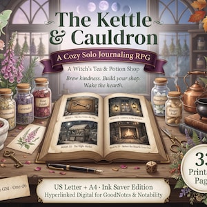 May include: The Kettle & Cauldron A Cozy Solo Journaling RPG book features 33 printable pages, a fountain pen, a mortar and pestle, glass jars labeled Chamomile, Lavender, Rose Petals, Moonflower, and Ginger Root, a key, and a die.