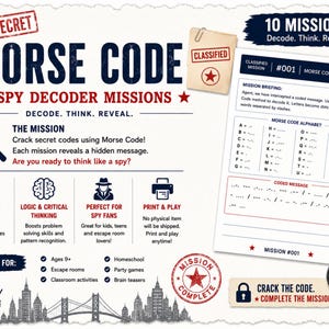 May include: A Morse Code spy decoder mission kit featuring a mission briefing sheet with a Morse code alphabet and coded messages. The design includes text such as Top Secret, 10 Missions, Decode, Think, Reveal, and Mission #001, alongside icons of a magnifying glass, a detective, and a bridge silhouette.
