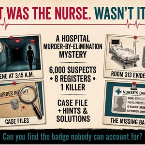 Könnte beinhalten: Ein Krimispiel mit dem Titel IT WAS THE NURSE. WASN'T IT? mit vier fotostil Karten: ein Krankenhausflur um 3:15 Uhr, medizinische Geräte aus Zimmer 313, eine Fallakte mit Lupe und ein Dienstausweis. Der Text erwähnt 6.000 Verdächtige.