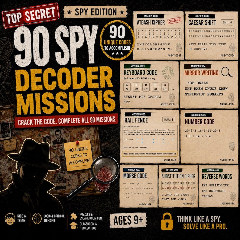 90 missions d'espionnage et de décodage, 9 jeux de décryptage, puzzles ...
