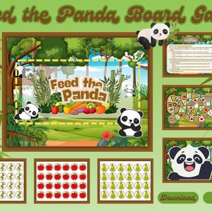 Op de afbeelding: Een kleurrijke illustratie van het "Feed the Panda Board Game". Het spel toont een centrale scène met een panda, groenten en de titel van het spel. Extra panelen tonen spelcomponenten, waaronder een doolhof, instructies en teloefeningen. Bamboe stengels omlijsten het ontwerp.