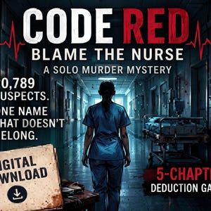 Könnte beinhalten: Ein digitales Deduktionsspiel zum Herunterladen mit dem Titel CODE RED BLAME THE NURSE A SOLO MURDER MYSTERY. Die Grafik zeigt eine Person in blauer medizinischer Kleidung in einem dunklen Krankenhausflur mit einer Trage, Blutspritzern und dem Text 20,789 SUSPECTS.