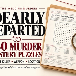 Könnte beinhalten: Ein Krimi-Rätselbuch mit dem Titel The Wedding Murders Dearly Departed 150 Murder Mystery Puzzles. Das Cover zeigt ein Wortsuchrätsel, ein Beweisprotokoll und eine Lupe auf einer beigen Mappe mit einem Symbol für Eheringe.