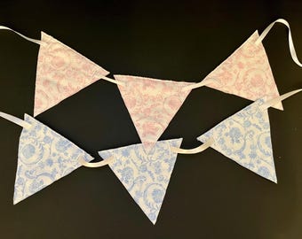 Heirloom Blue or Pink Chinoiserie Fabric Garland, Pennant, Bunting, Flag, Nursery Decor. Handmade, Crafted