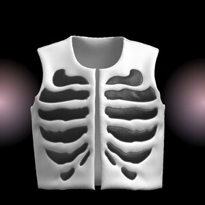 Könnte beinhalten: Weiße Weste mit einem schwarzen Rippenkäfig-Design. Die Weste ist aus einem weichen, plüschigen Material gefertigt.