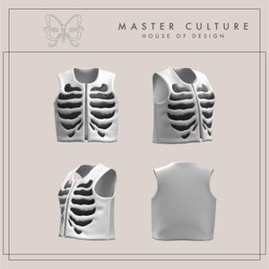 May include: A white sleeveless vest with a black ribcage design. The vest is shown from the front, back, and side views. The text "MASTER CULTURE HOUSE OF DESIGN" is at the top of the image.