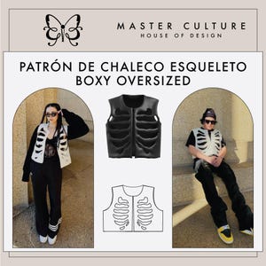 May include: A black leather vest with a skeleton design. The vest is boxy and oversized. The image also shows a pattern for the vest.
