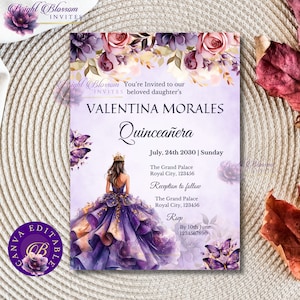 Lila Quinceamaßa Einladung Canva Bearbeitbare Quince Einladung Vorlage Sweet 16th Birthday Party Invite Template Mis Quince Anos
