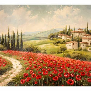 May include: A painting depicting a rural landscape with a white farmhouse and a field of red poppies. The farmhouse is surrounded by trees and a winding path leads to it.