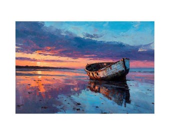 Pintura en lienzo de barco en la playa al atardecer