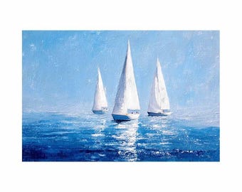 Pintura sobre lienzo de veleros en aguas azules