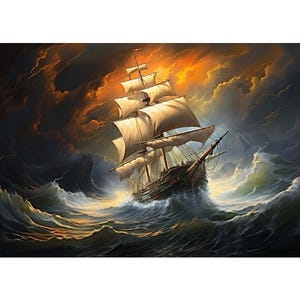 イルミネーションアート 嵐を進む船 絵画 インテリア 嵐の中の船の絵 | Premium AI生成画像