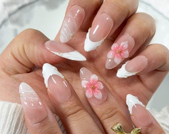 3D Floral Press On Nails: Elegant Pink Almond, White French Tip