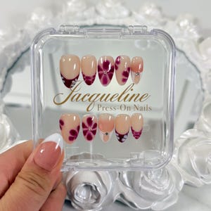 Burgundy Floral Press On Nails: Wine Red French Tip, Reusable Elegant Blossom