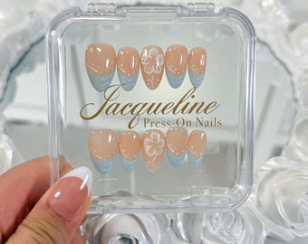 Hand Painted Summer Beach Press On Nails: Blue Flower 3D French Tips