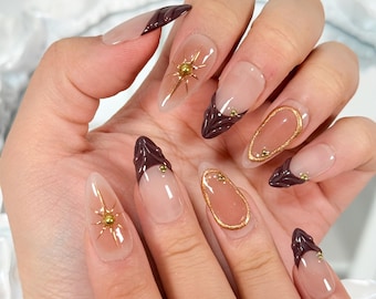 Brown French Tip Press On Nails: 3D Gold Starburst Long Almond Reusable Set