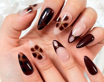 Chocolate Brown Ombré Floral Press-On Nails – Espresso Almond nail with gold accents