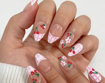 Coquette Cherry Press On Nails, Pink Gingham French Tip, Daisy Floral Summer Almond Nails