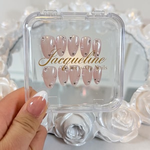 Chrome Pink Rhinestone Press On Nails: Glossy Almond Bridal Nail Set