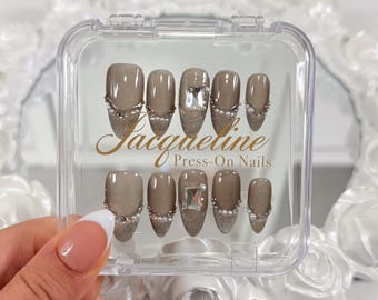 Black Glitter French Tip Press On Nails: Luxury Rhinestone Cat Eye Design
